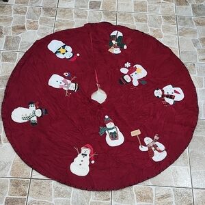 Vintage Red Quilted Christmas Tree Skirt Snowman Appliqué Holiday Decor